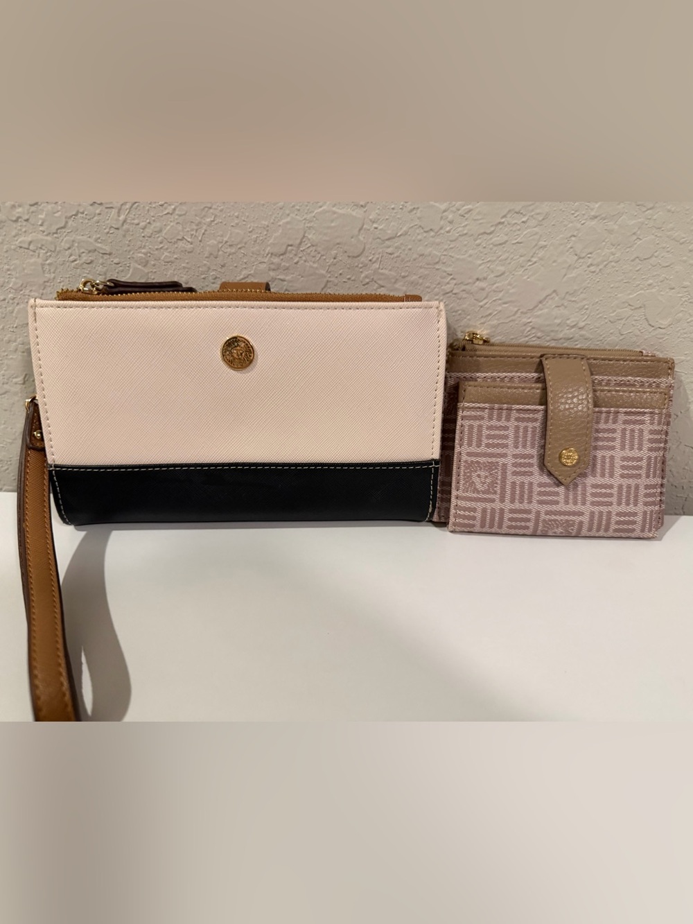 Anne Klein Blush, Black and Tan Wristlet Wallet with Blush Patterned Card Case
